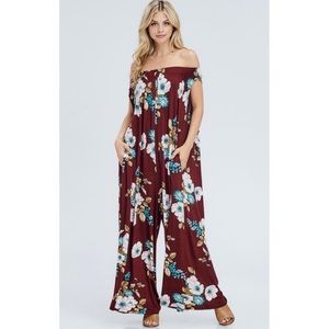 Love In Pants - Off Shoulder Floral Jumpsuit in Wine with Pockets Love In Pants - Off Shoulder Floral Jumpsuit in Wine with Pockets